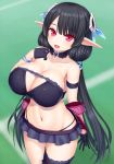  1girl :d anette_(pso2) arm_strap asamura_hiori back_bow bangs bare_shoulders bikini bikini_under_clothes black_choker black_hair black_skirt blunt_bangs blush bow braid breasts choker cleavage cleavage_cutout collarbone cowboy_shot elf eyebrows_visible_through_hair fang french_braid frills green_background hand_on_own_chest headgear highres large_breasts leg_garter long_hair low_twintails miniskirt navel open_mouth phantasy_star phantasy_star_online_2 pink_eyes pleated_skirt pointy_ears purple_bow skirt smile solo stomach strapless strapless_bikini swimsuit twintails very_long_hair wristband 