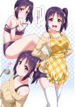  1girl apron bangs bra breasts checkered_apron cleavage collarbone commentary_request eyebrows_visible_through_hair heart highres holding_ladle kazuno_sarah ladle large_breasts long_hair long_sleeves looking_at_viewer love_live! love_live!_sunshine!! multiple_views panties purple_bra purple_hair purple_panties red_eyes shiny shiny_hair side_ponytail sidelocks smile strap_slip sweater thighhighs translation_request underwear white_legwear yellow_apron yopparai_oni zettai_ryouiki 