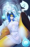  2019 anthro areola black_nose blue_hair breasts canid canine detailed_background digital_media_(artwork) eyebrows eyelashes female fox green_eyes hair hi_res knight_dd mammal nipples open_mouth pussy solo teeth tongue 