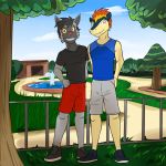  1:1 anthro anthrofied bottomwear clothed clothing coalby_(fuze) duo fully_clothed fuze hi_res male nintendo outside park pawl_(fuze) pok&eacute;mon pok&eacute;mon_(species) poochyena quilava shirt shorts smile standing t-shirt tank_top topwear video_games 