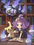  1girl :3 acerola_(pokemon) book chandelure chibi dress elite_four full_body gen_5_pokemon gen_7_pokemon hair_ornament highres indoors kneeling library litwick mimikyu open_book peron_(niki2ki884) pointing pokemon pokemon_(creature) pokemon_(game) pokemon_masters pokemon_sm purple_eyes purple_hair signature trial_captain 