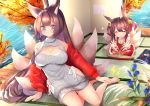  2girls akagi-chan_(azur_lane) alternate_costume amagi_(azur_lane) animal_ear_fluff animal_ears arm_support azur_lane bangs bare_legs bare_shoulders barefoot bell blunt_bangs breasts brown_hair cardigan cat_cutout cleavage_cutout closed_eyes coat commentary_request contemporary dress eyebrows_visible_through_hair fox_ears fox_girl fox_tail furrowed_eyebrows hair_bell hair_ornament hairclip impossible_clothes large_breasts leaning_forward long_hair long_sleeves looking_to_the_side meme_attire multiple_girls multiple_tails off_shoulder open_cardigan open_clothes open_door open_mouth panties purple_eyes putimaxi red_coat red_dress red_eyeshadow red_sweater ribbed_sweater seiza short_eyebrows side-tie_panties sitting sliding_doors sweater sweater_dress tail tatami thick_eyebrows underwear very_long_hair virgin_killer_sweater water yokozuwari 