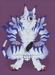  anthro armpit_hair balls bodily_fluids body_hair canid canine claws cum digimon digimon_(species) erection fur garurumon genital_fluids grin hi_res male mammal muscular muscular_male paws penis precum rexjaws simple_background smile solo stripes 