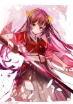  1girl bangs breasts commentary dated hair_ribbon hakama highres holding holding_sword holding_weapon japanese_clothes kamikaze_(kantai_collection) kantai_collection katana kimono long_hair meiji_schoolgirl_uniform nagasawa_tougo petals pink_hair pink_hakama red_eyes red_kimono ribbon smile solo sword tasuki twitter_username weapon yellow_ribbon 