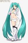  1girl ;p aqua_hair artist_logo artist_name ass_visible_through_thighs bangs belt belt_pouch bikini black_legwear boots breasts commentary cowfee cropped_jacket crossed_legs double_v elbow_gloves english_commentary eyebrows_visible_through_hair full_body gloves green_eyes hair_between_eyes hatsune_miku highres knee_boots long_hair looking_at_viewer navel one_eye_closed pouch simple_background small_breasts smile solo standing swimsuit thighhighs tongue tongue_out twintails v very_long_hair vocaloid watson_cross white_background white_bikini white_footwear white_gloves 