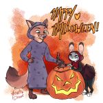  abstract_background anthro brown_body brown_fur canid canine claws clothed clothing costume dipstick_ears disney duo english_text eyewear fox fully_clothed fur glasses green_eyes grey_body grey_fur halloween holidays inner_ear_fluff jack-o&#039;-lantern judy_hopps lagomorph leporid looking_at_another mammal multicolored_ears nick_wilde rabbit red_fox smile text toe_claws toeless_legwear tuft white_body white_fur yelnatsdraws zootopia 