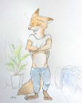  anthro barefoot bed bedroom bodily_fluids bottomwear canid canine cheek_tuft clothed clothing crossed_arms dipstick_ears disney eyes_closed face_tuft fox fur furniture hi_res inside mammal multicolored_ears nick_wilde one_ear_up open_mouth orange_body orange_fur pants partially_clothed plant potted_plant red_fox shirt solo t-shirt tears topwear tuft ulako undressing white_body white_fur yawn zootopia 