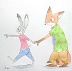  anthro barefoot bottomwear canid canine clothed clothing dipstick_ears dipstick_tail disney duo fox fully_clothed fur gesture gloves_(marking) green_eyes grey_body grey_fur hand_holding hi_res judy_hopps lagomorph leporid looking_at_another mammal markings multicolored_ears multicolored_tail necktie nick_wilde orange_body orange_fur painting_(artwork) pants pointing purple_eyes rabbit red_fox shirt simple_background topwear traditional_media_(artwork) ulako walking watercolor_(artwork) white_background white_body white_fur zootopia 
