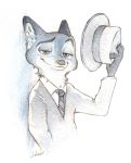  anthro canid canine clothed clothing disney fox hat headgear headwear hi_res holding_object inner_ear_fluff looking_at_viewer mammal neck_tuft necktie nick_wilde painting_(artwork) shirt smile solo topwear traditional_media_(artwork) tuft ulako watercolor_(artwork) zootopia 