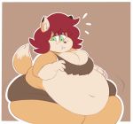  absurd_res belly belly_overhang big_belly blush breasts butt canid canine female fox fur green_eyes hair hi_res huwon immobile love_handles mammal muffin_top obese orange_body orange_fur overweight overweight_female red_hair thick_thighs weight_gain 