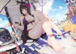  1girl alternate_costume amagi_(azur_lane) animal_ear_fluff animal_ears azur_lane bangs beach beach_chair beach_towel beach_umbrella bikini blunt_bangs book breasts breasts_apart brown_hair cleavage cocktail collarbone commentary_request contemporary day drink drinking_straw dutch_angle eyebrows_behind_hair flower foreshortening fox_ears hair_flower hair_ornament hairband highres innertube large_breasts lifebuoy light_rays long_hair looking_at_viewer midriff navel no_tail ocean open_mouth outdoors perspective plumw purple_bikini purple_eyes purple_hairband sand sky star sunlight swimsuit table thick_eyebrows thighs toes towel umbrella very_long_hair water 