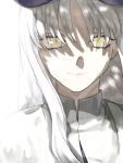  1girl caren_hortensia collar dress fate/hollow_ataraxia fate_(series) grey_hair hat layered_sleeves long_hair long_sleeves looking_at_viewer nun robe shroud_of_magdalene silver_hair simple_background smile solo white_background white_hair y_das_a_r yellow_eyes 