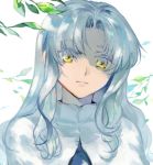  1girl caren_hortensia dress eyebrows_visible_through_hair fate/hollow_ataraxia fate_(series) grey_hair hat hat_removed headwear_removed k83_4 layered_sleeves leaf long_hair long_sleeves looking_at_viewer robe shroud_of_magdalene silver_hair solo tree_branch white_hair yellow_eyes 