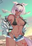  1girl bikini black_bikini_top blue_eyes body_markings breasts caenis_(fate) cloud cutoffs dark_skin dog_tags fate/grand_order fate_(series) green_sky hair_intakes highleg highleg_bikini highres large_breasts manta527 mountainous_horizon navel pixiv_fate/grand_order_contest_2 studded_jacket swimsuit tattoo white_hair white_nails 