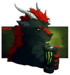  2019 5_fingers alpha_channel annoyed anthro beverage_can black_body black_fur black_nose claws digital_media_(artwork) dragon ears_down eyebrows fingers frown fur furred_dragon hair half-closed_eyes holding_can holding_object horn male markings monster_energy neck_tuft orange_eyes pivoted_ears ravoilie red_hair red_markings signature simple_background solo transparent_background tuft 