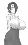  1girl arms_behind_back blush breasts commentary english_commentary greyscale hair_over_one_eye high-waist_skirt huge_breasts impossible_clothes impossible_shirt long_sleeves looking_at_viewer monochrome original parted_lips ribbed_shirt saya_(twrlare) shirt short_hair simple_background skirt smile solo turtleneck twrlare white_background 