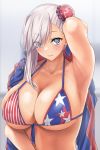  1girl american_flag_bikini arm_behind_head arm_up armpits asymmetrical_hair bangs bare_shoulders bikini blue_eyes blue_jacket blush breasts bun_cover cleavage closed_mouth collarbone fate/grand_order fate_(series) flag_print gachou hair_bun jacket jacket_removed large_breasts long_hair looking_at_viewer miyamoto_musashi_(fate/grand_order) miyamoto_musashi_(swimsuit_berserker)_(fate) pink_hair side_bun solo swept_bangs swimsuit wet 