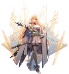  1girl 5555_96 ark_order black_legwear blonde_hair blue_eyes blush breasts highres knife legs long_hair shoes skirt sword weapon 