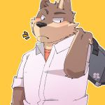  2019 anthro blush canid canine clothing green_bell humanoid_hands inakamichi male mammal shirt simple_background solo topwear yellow_background 
