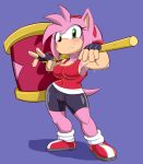  accessory amy_rose anthro bodily_fluids brachyzoid breasts clothing eulipotyphlan female fingerless_gloves footwear gloves green_eyes hair_accessory hairband hammer handwear hedgehog hi_res mammal muscular muscular_female smile solo sonic_(series) sweat tools video_games weapon 