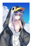  1girl :q animal_hood bangs bikini bikini_under_clothes black_jacket blue_choker blue_eyes blue_ribbon blue_sky blush breasts choker closed_mouth cloud collarbone commentary_request day eyebrows_visible_through_hair eyewear_on_head fate/grand_order fate_(series) grey_bikini hair_between_eyes highres hood hood_up hooded_jacket jacket long_hair long_sleeves meltryllis meltryllis_(swimsuit_lancer)_(fate) penguin_hood purple_hair qin ribbon sky sleeves_past_fingers sleeves_past_wrists small_breasts smile solo sunglasses swimsuit tongue tongue_out v-shaped_eyebrows wide_sleeves 