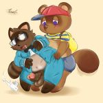  1:1 2019 animal_crossing anthro balls blush bottomwear canid canine clothed clothing cosplay duo earthbound_(series) eyewear glasses hat headgear headwear hi_res humanoid_hands humanoid_penis jeff_(earthbound) male mammal ness nintendo overweight overweight_male pants penis raccoon_dog sex shirt shorts simple_background tanuki thaasteo tom_nook_(animal_crossing) topwear video_games 