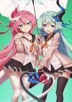  2girls asymmetrical_horns black_legwear blue_eyes carbon12th hair_ornament highres honkai_(series) honkai_impact_3rd intertwined_tails liliya_olyenyey long_hair mechanical_horns mechanical_tail multiple_girls rozaliya_olyenyey siblings tail thick_eyebrows thighhighs twins white_legwear 