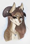  2019 amber_eyes anthro aomori brown_body brown_fur brown_hair canid canine dragon eyebrows eyelashes eyewear female fur glasses hair horn hybrid jewelry looking_at_viewer mammal necklace portrait simple_background smile solo 