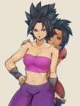  2girls bandeau bare_shoulders black_eyes black_hair breasts caulifla cleavage dragon_ball dragon_ball_super earrings hand_on_shoulder hoop_earrings jewelry kale_(dragon_ball) kemachiku looking_at_viewer medium_breasts midriff multiple_girls muscle navel open_mouth pants ponytail purple_pants scared short_hair shy simple_background single_hair_intake spiked_hair standing strapless tubetop wristband 