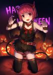  1girl alternate_costume android demon_horns demon_tail demon_wings dorothy_haze fang halloween halloween_costume happy_halloween highres horns jack-o&#039;-lantern mr.lime pink_hair red_eyes solo tail thighhighs va-11_hall-a wings 