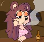  5_fingers alcohol animal_crossing anthro apron beverage black_nose bottle breasts cigarette cleavage clothed clothing female fingers freckles fur half-closed_eyes humanoid_hands inside nintendo sable_able signature smoke smoking switch1e text video_games 