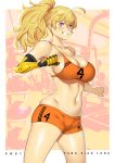 1girl :d ahoge armpits bangs bare_shoulders blonde_hair blush boyshorts breasts character_name clenched_hands collarbone commentary copyright_name cowboy_shot english_commentary grin hair_between_eyes highres large_breasts long_hair looking_at_viewer lulu-chan92 navel number open_mouth orange_shorts ponytail prosthesis prosthetic_arm purple_eyes rwby shorts skindentation smile solo sports_bra stomach strap_gap teeth thighs yang_xiao_long 