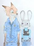  anthro badge black_nose canid canine clothed clothing dipstick_ears disney duo fox fully_clothed fur green_eyes grey_body grey_fur hi_res judy_hopps lagomorph leporid looking_at_another mammal multicolored_ears necktie nick_wilde orange_body orange_fur painting_(artwork) police_uniform purple_eyes rabbit red_fox simple_background smile traditional_media_(artwork) ulako uniform watercolor_(artwork) white_background zootopia 