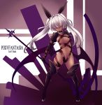  1girl beltbra boots choker commentary_request dark_skin demon_wings hair_intakes hair_over_eyes hair_ribbon highres hisui_(syarute) pixiv_fantasia pixiv_fantasia_last_saga revealing_clothes ribbon scythe shrug_(clothing) smile solo thigh_boots thighhighs twintails white_hair wings 