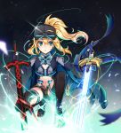  1girl absurdres ahoge artoria_pendragon_(all) baseball_cap blonde_hair blue_eyes blue_jacket blue_scarf breasts commentary_request fate/grand_order fate_(series) green_eyes hair_between_eyes hat highres holding huge_filesize jacket long_hair looking_at_viewer mysterious_heroine_x oguri_(pixiv25574366) ponytail scarf shorts solo sword thighhighs track_jacket weapon 