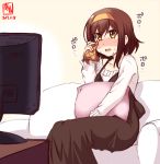  1girl alternate_costume artist_logo beige_sweater brown_dress brown_eyes brown_hair commentary_request couch crying crying_with_eyes_open dated dress hairband handkerchief highres kanon_(kurogane_knights) kantai_collection open_mouth orange_hairband pillow plaid shiratsuyu_(kantai_collection) short_hair simple_background sitting solo tears television watching_television white_background 