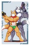  absurd_res anthro boxers_(clothing) bulge canid canine canis clothing duo fox fox_mccloud hi_res male male/male mammal mostly_nude muscular muscular_male nintendo nipples ranged_weapon shinobiya size_difference star_fox underwear video_games weapon wolf wolf_o&#039;donnell 