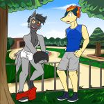  1:1 anthro anthrofied bottomwear briefs bulge clothed clothing coalby_(fuze) duo fully_clothed fuze hi_res male nintendo outside pants_down park partially_clothed pawl_(fuze) pok&eacute;mon pok&eacute;mon_(species) poochyena quilava shirt shorts tank_top tighty_whities topless topwear underwear undressing video_games 