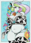  2019 animal_print anthro anthrofied belly big_breasts blue_hair blush bra breasts camel_toe cleavage clothed clothing cow_print curvy_figure deep_navel equid eyelashes eyeshadow female fingernails friendship_is_magic front_view green_hair hair hi_res horn legwear longinius looking_at_viewer makeup mammal midriff multicolored_hair my_little_pony nails navel panties pink_hair princess_celestia_(mlp) purple_eyes purple_hair slightly_chubby thick_thighs thigh_highs underwear voluptuous wide_hips winged_unicorn wings 