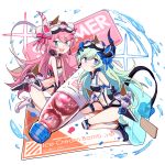  1girl blush bottle googles green_hair hair_ornament hair_ribbon highres honkai_(series) honkai_impact_3rd horns jellsuimu liliya_olyenyey long_hair pink_hair ribbon rozaliya_olyenyey 