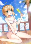 1girl ahoge artoria_pendragon_(all) bae.c bangs bare_shoulders bikini blonde_hair blue_ribbon braid breasts cleavage commentary day dress eyebrows_visible_through_hair fate/grand_order fate/stay_night fate_(series) food green_eyes hair_ribbon highres holding holding_food ice medium_breasts oguri_(pixiv25574366) on_ground open_mouth outdoors ribbon saber short_hair sitting smile solo strapless strapless_bikini summer swimsuit white_bikini wooden_floor 