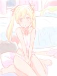  1girl bed blonde_hair character_request closed_mouth commentary highres hyakuen_raitaa long_hair looking_at_viewer panties solo underwear window 