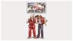  2boys absurdres adjusting_clothes adjusting_hat barefoot black_gloves blonde_hair cellphone denim dougi fatal_fury fingerless_gloves gloves hat highres jeans ken_masters long_hair male_focus multiple_boys nin_nakajima pants phone red_vest sakurai_masahiro shirt shoes smartphone sneakers standing street_fighter super_smash_bros. terry_bogard vest white_shirt 