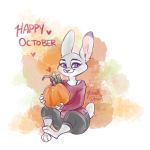  &lt;3 1:1 abstract_background anthro barefoot bottomwear clothed clothing disney english_text food fruit fully_clothed fur grey_body grey_fur inner_ear_fluff judy_hopps lagomorph leporid low_res mammal pants plant pumpkin purple_eyes rabbit scut_tail shirt sitting smile solo text topwear tuft yelnatsdraws zootopia 