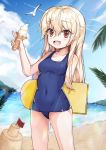  1girl bangs beach bird blonde_hair blue_swimsuit blush breasts collarbone day eyebrows_visible_through_hair fate/stay_night fate_(series) food hair_between_eyes highres holding ice_cream ice_cream_cone illyasviel_von_einzbern long_hair looking_at_viewer oguri_(pixiv25574366) open_mouth outdoors red_eyes sand_castle sand_sculpture school_swimsuit small_breasts smile solo swimsuit 