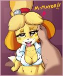  &lt;3 2019 accessory ambiguous_gender animal_crossing anthro bodily_fluids brachyzoid breasts canid canine canis cleavage clothed clothing disembodied_hand domestic_dog duo english_text female female_focus floppy_ears fur hair hair_accessory hi_res human isabelle_(animal_crossing) mammal motion_blur naughty_face navel nintendo open_mouth saliva solo_focus tailwag text tongue tongue_out video_games 