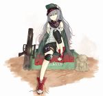  1girl :&lt; assault_rifle backpack bag black_shorts blue_hair blush brown_eyes closed_mouth coat commentary_request full_body g11_(girls_frontline) girls_frontline green_coat green_headwear gun h&amp;k_g11 hair_between_eyes head_tilt knee_pads long_hair looking_at_viewer numazume off_shoulder open_clothes open_coat rifle shirt shoes shorts sitting solo untied_shoes very_long_hair weapon white_background white_shirt 