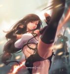  1girl bare_shoulders black_skirt breasts brown_eyes brown_hair clenched_hand earrings english_commentary fighting_stance final_fantasy final_fantasy_vii final_fantasy_vii_remake fingerless_gloves gloves jewelry kicking large_breasts long_hair low-tied_long_hair midriff mitsu_(mitsu_art) navel parted_lips pencil_skirt pink_lips shirt skirt suspender_skirt suspenders tank_top taut_clothes taut_shirt thighs tifa_lockhart upskirt 