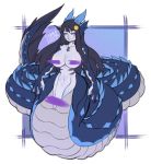 2019 absurdres black_sclera blue_eyes breasts censored commentary commission dragon_girl fins gills hair_ornament head_fins highres horns lamia large_breasts light_smile lokigun long_hair monster_girl original scales tail_fin teeth webbed_hands 