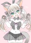  &lt;3 &lt;3_eyes 2019 4_fingers anthro big_breasts blue_eyes breasts cleavage clothed clothing domestic_cat felid feline felis female fingers fur grey_hair hair kemono long_hair looking_at_viewer mammal mineko_(artist) navel open_mouth open_smile pink_background simple_background smile solo standing white_body white_fur みねこ 